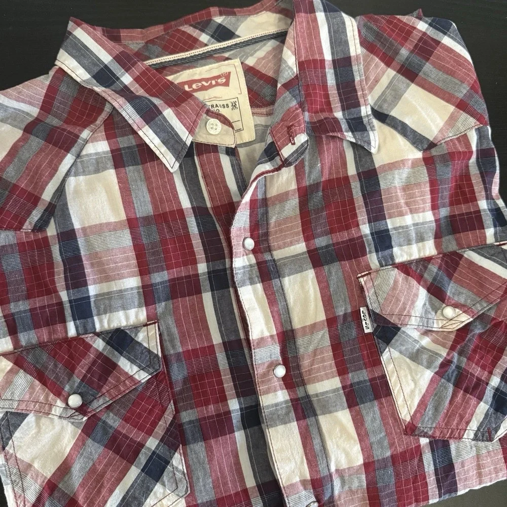 Levi Strauss Western Plaid Shirt XXL Pearl Snap Button Red Blue White‎ Patriotic